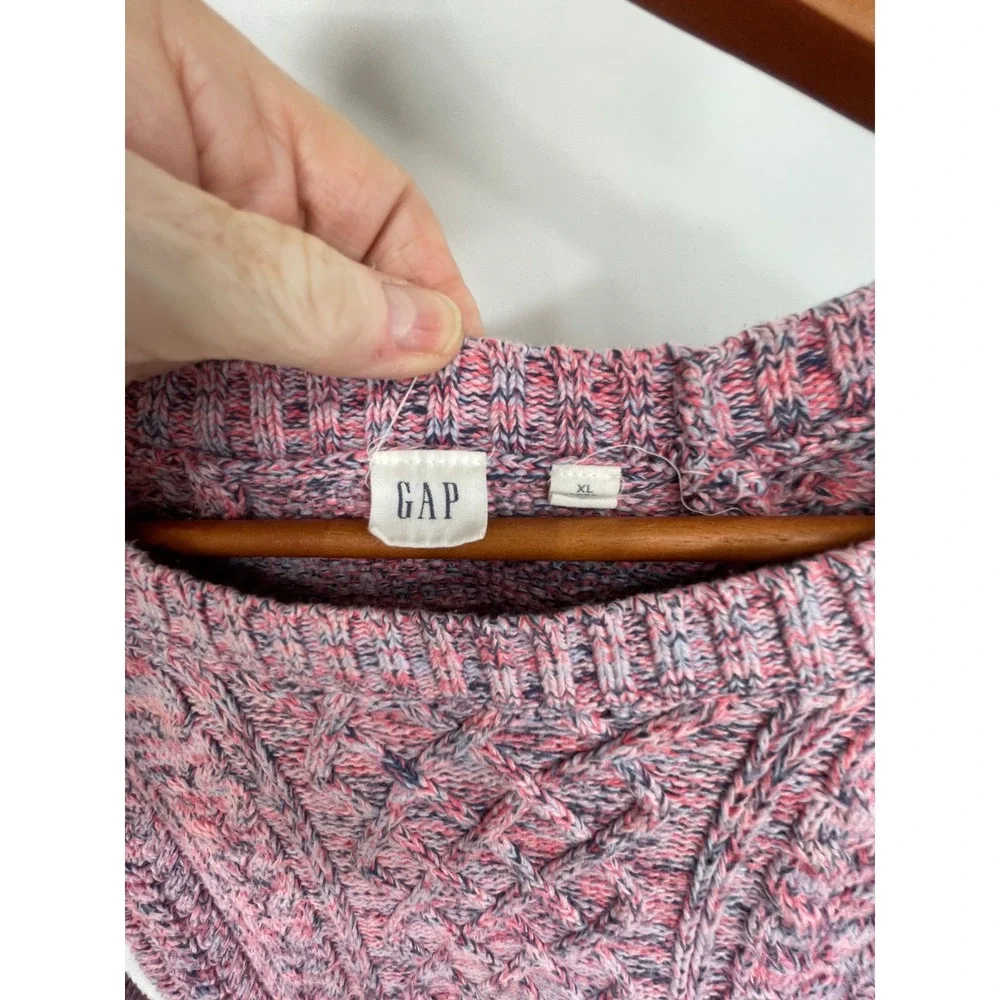 VTG Gap Womens Sweater XL Tall Pullover Pink Marled Cable Knit Crew Neck Raglan